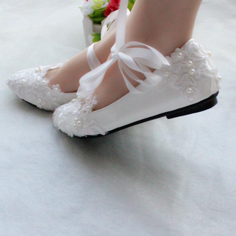 White floral lace ankle lace-up wedding flats