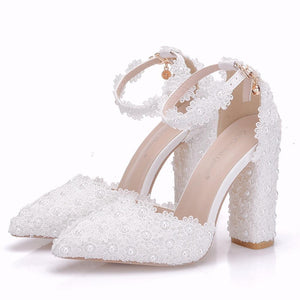White chunky high heels ankle strap wedding heels