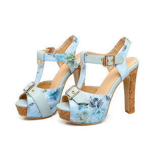 Women floral platform peep toe ankle strap chunky heels