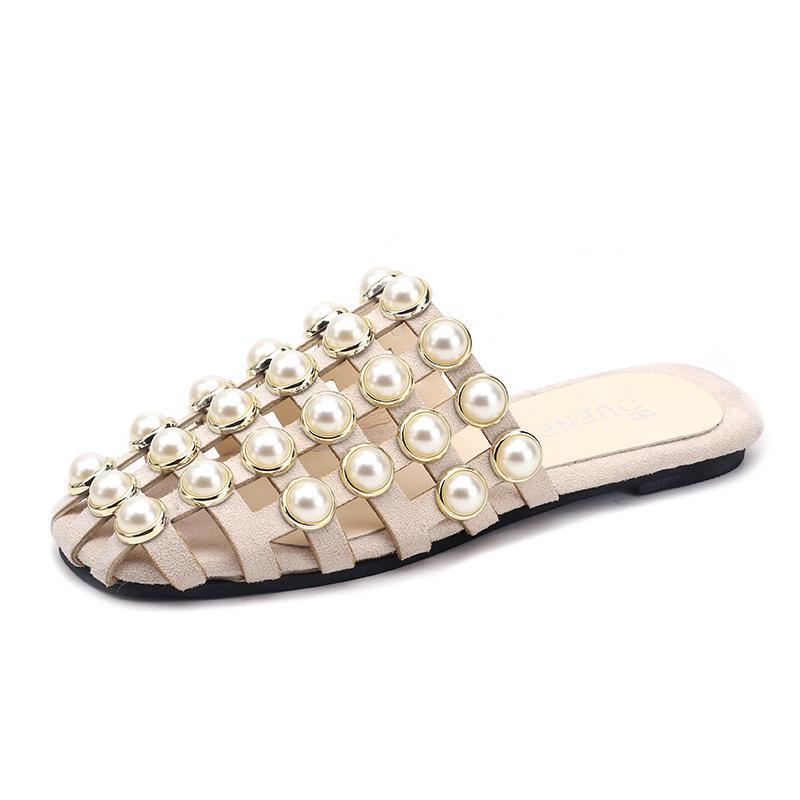 Women fashion pearl hollow out 
flat slide mule sandals