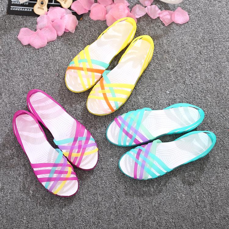 Women rainbow jelly strappy summer beach hollow slip on sandals