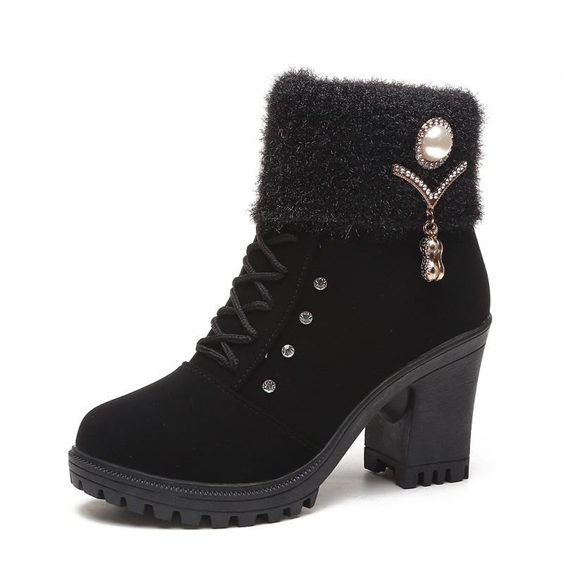 Rhinestone Fringe Chunky High Heel Lace Up Warm Lining Keep Warm Women Winter Booties