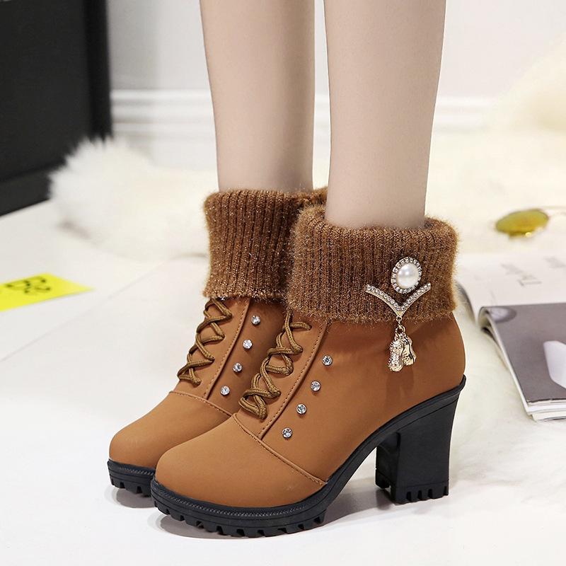 Rhinestone Fringe Chunky High Heel Lace Up Warm Lining Keep Warm Women Winter Booties Black US5.5