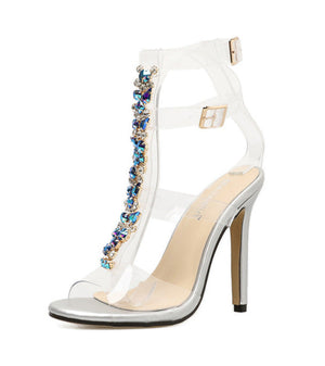 Women colorful rhinestone clear strap buckle stiletto high heels