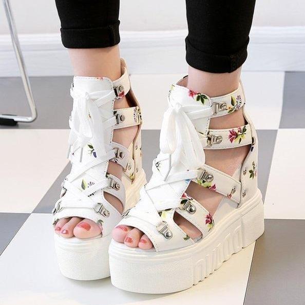 Women flower high heel peep toe lace up platform sandals