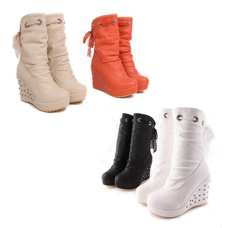 Women mid calf back cute lace studded wedge boots