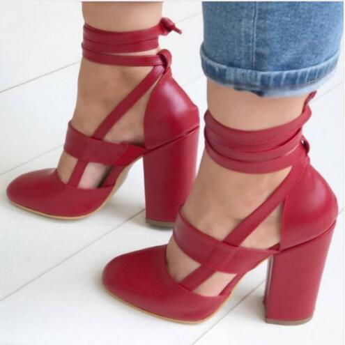 Women closed toe criss cross strappy lace up chunky heels