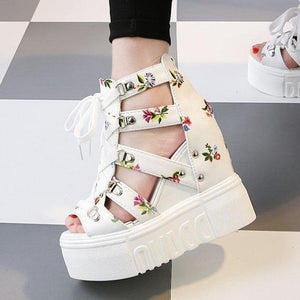 Women flower high heel peep toe lace up platform sandals