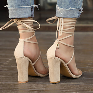 Women lace up strappy clear strap chunky heels