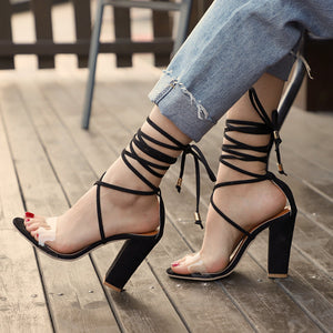 Women lace up strappy clear strap chunky heels
