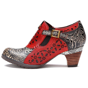 Women stacked block heel flower printed hollow ankle boots