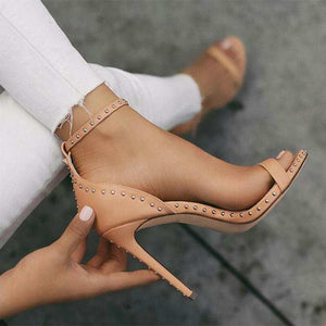 Women summer fashion high heel peep toe ankle strap studded heels