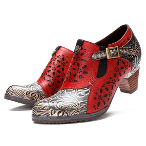 Women stacked block heel flower printed hollow ankle boots
