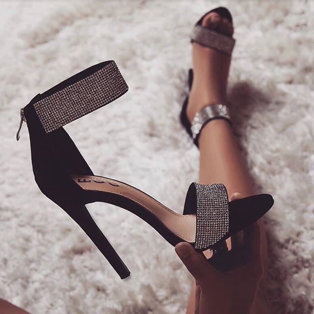 Women ankle strap stiletto high heels sparkly rhinestone heels