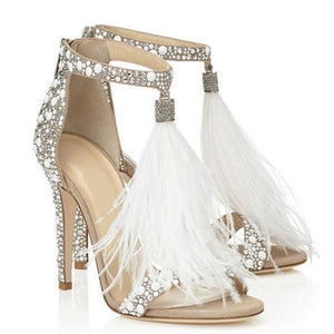 Women's wedding feather heels apricot open toe stiletto heels sandals