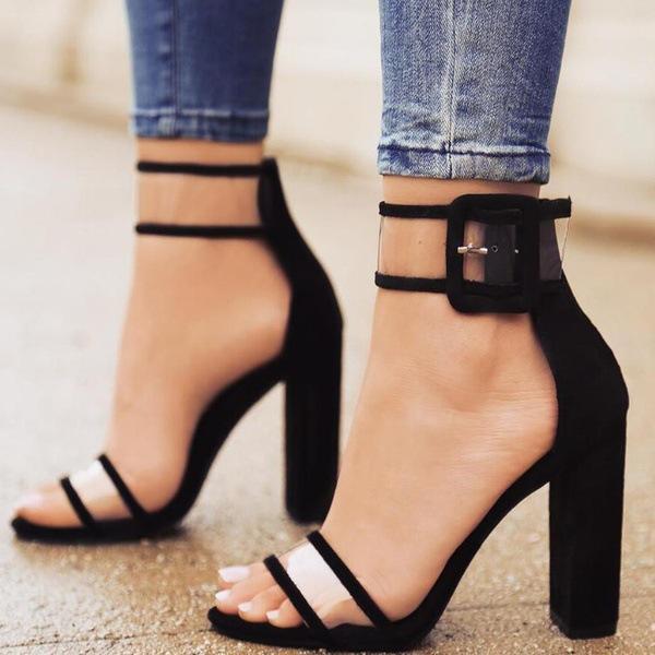 Women clear peep toe strap buckle ankle strap chunky heels