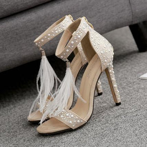 Women wedding feather fringe stiletto sparkly rhinestone heels