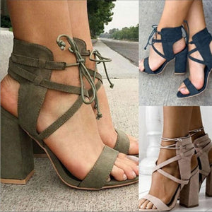 Women chunky peep toe criss cross strap lace up heels