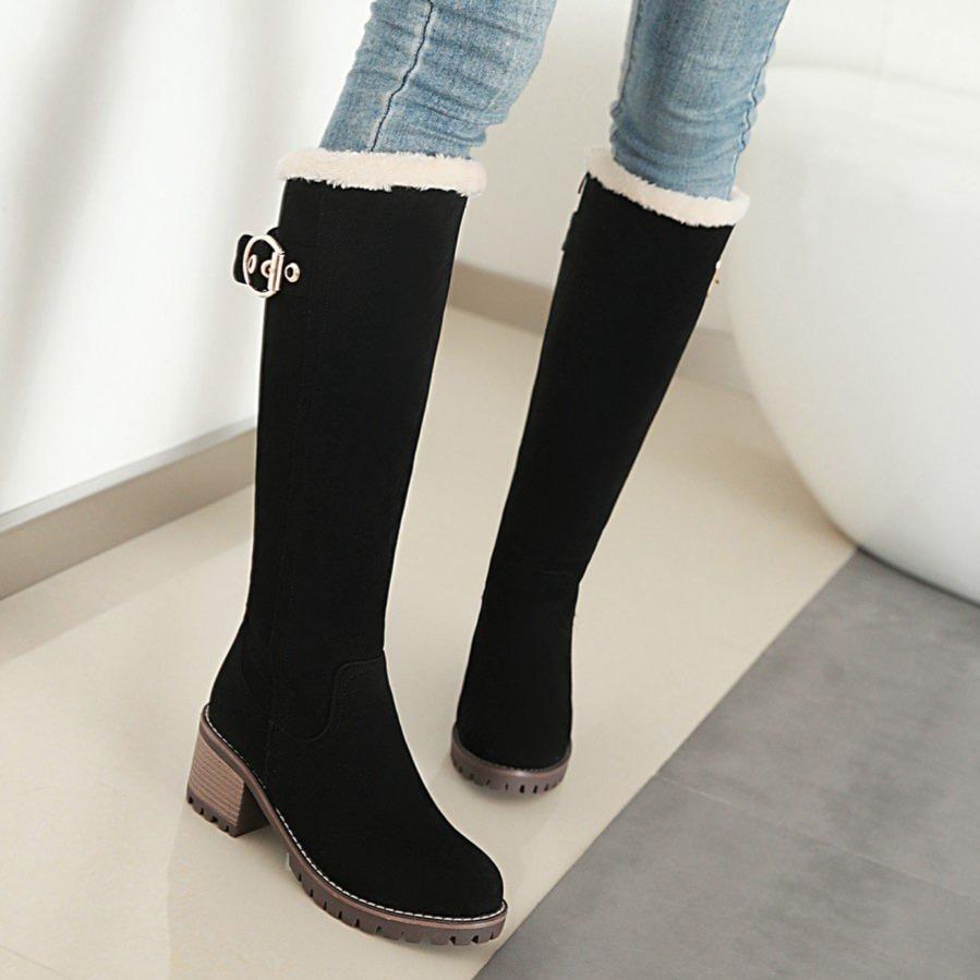 Women's knee high plush lining snow boots chunky block heel tall boots for winter