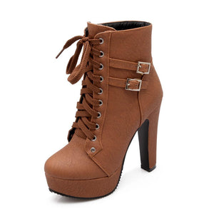 Women's platform heeled combat boots buckle strap lace-up ankle boots