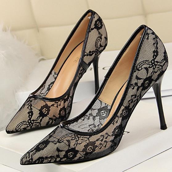 Women pointed closed toe flower lace stiletto high heels