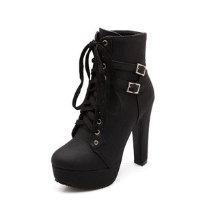 Women's platform heeled combat boots buckle strap lace-up ankle boots
