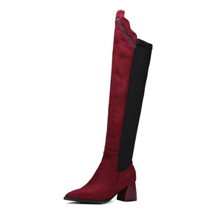 Women color block chunky heel pointed toe over the knee boots