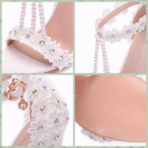 Peep toe one band ankle strap stiletto wedding heels with pearls strap