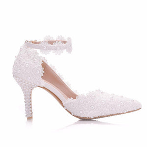 3" White floral lace ankle strap wedding heels