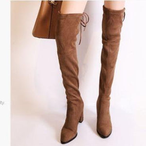 Women comfortable keep warm chunky heel back lace up over the knee boots