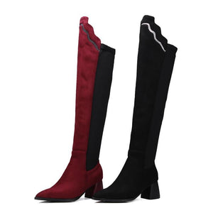 Women color block chunky heel pointed toe over the knee boots