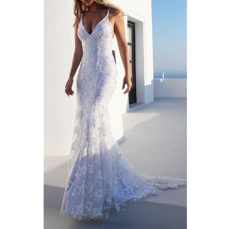 White floral lace paghetti strap floor-length bridal dress | mermaid maxi dress summer party dress