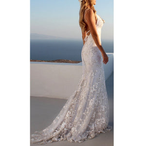 White floral lace paghetti strap floor-length bridal dress | mermaid maxi dress summer party dress