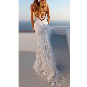 White floral lace paghetti strap floor-length bridal dress | mermaid maxi dress summer party dress