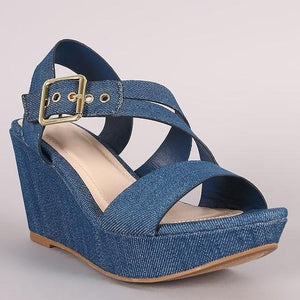 Women blue denim peep toe buckle wedge sandals