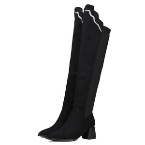 Women color block chunky heel pointed toe over the knee boots