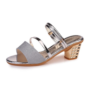 Women peep toe strap slide sequin chunky heels