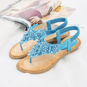 Women flower rhinestone bohemian beach elastic slip on flat sandals