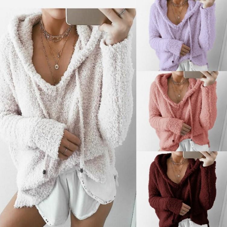 Women solid color mohair lightweight long sleeve hoodie sweatshirt