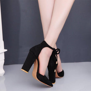 Women elegant pointed toe ankle lace up chunky heels
