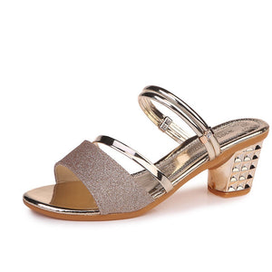 Women peep toe strap slide sequin chunky heels