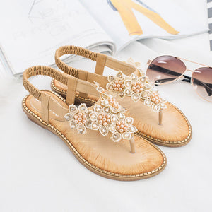 Women flower rhinestone bohemian beach elastic slip on flat sandals