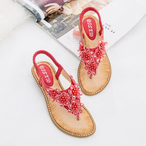 Women flower rhinestone bohemian beach elastic slip on flat sandals