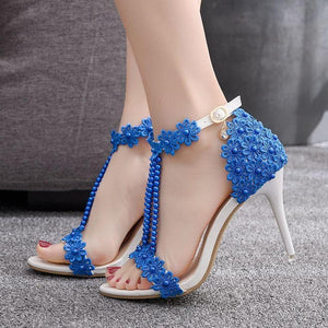 Peep toe one band ankle strap stiletto wedding heels with pearls strap