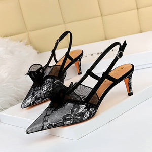 Women lace flower pointed toe slingback buckle strap stiletto heels