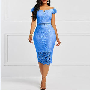 Elegant Lace bodycon midi pencil dress | Short sleeves formal cocktail party prom evening dress