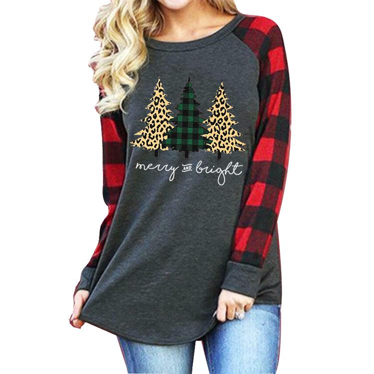 Women‘s Christmas printed plaid long sleeve tops casual loose crewneck pullovers