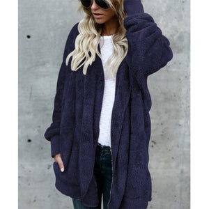 Women faux fur fleece hooded winter warm outerwear