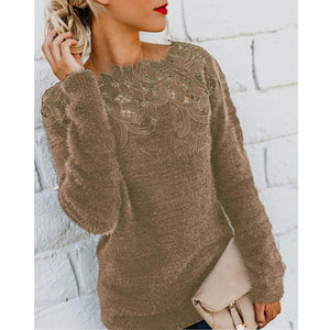 Women lace flower hollow solid color pullover sweater