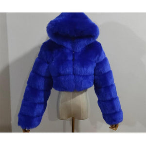 Women hooded cropped solid color long sleeve faux fur coat